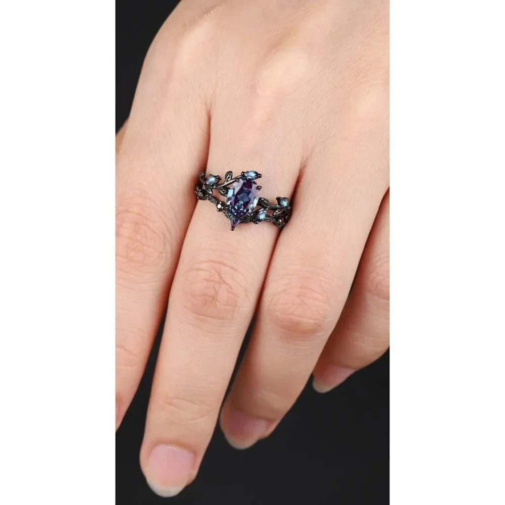 Pear Cut Alexandrite & Moissanite 2 piece Bridal Wedding engagement ring Rhodium